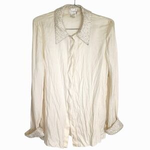 Victoria Vintage 100% Crinkled Silk Beaded Collar & Cuff Blouse Cream Sz 12